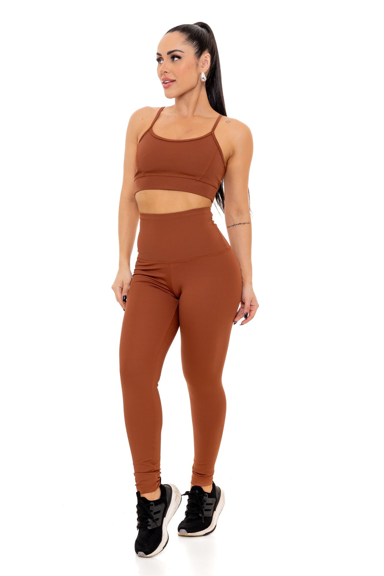 Conjunto Calça Legging Cintura Alta em Poliamida Marrom