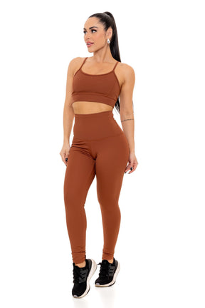 Conjunto Calça Legging Cintura Alta em Poliamida Marrom