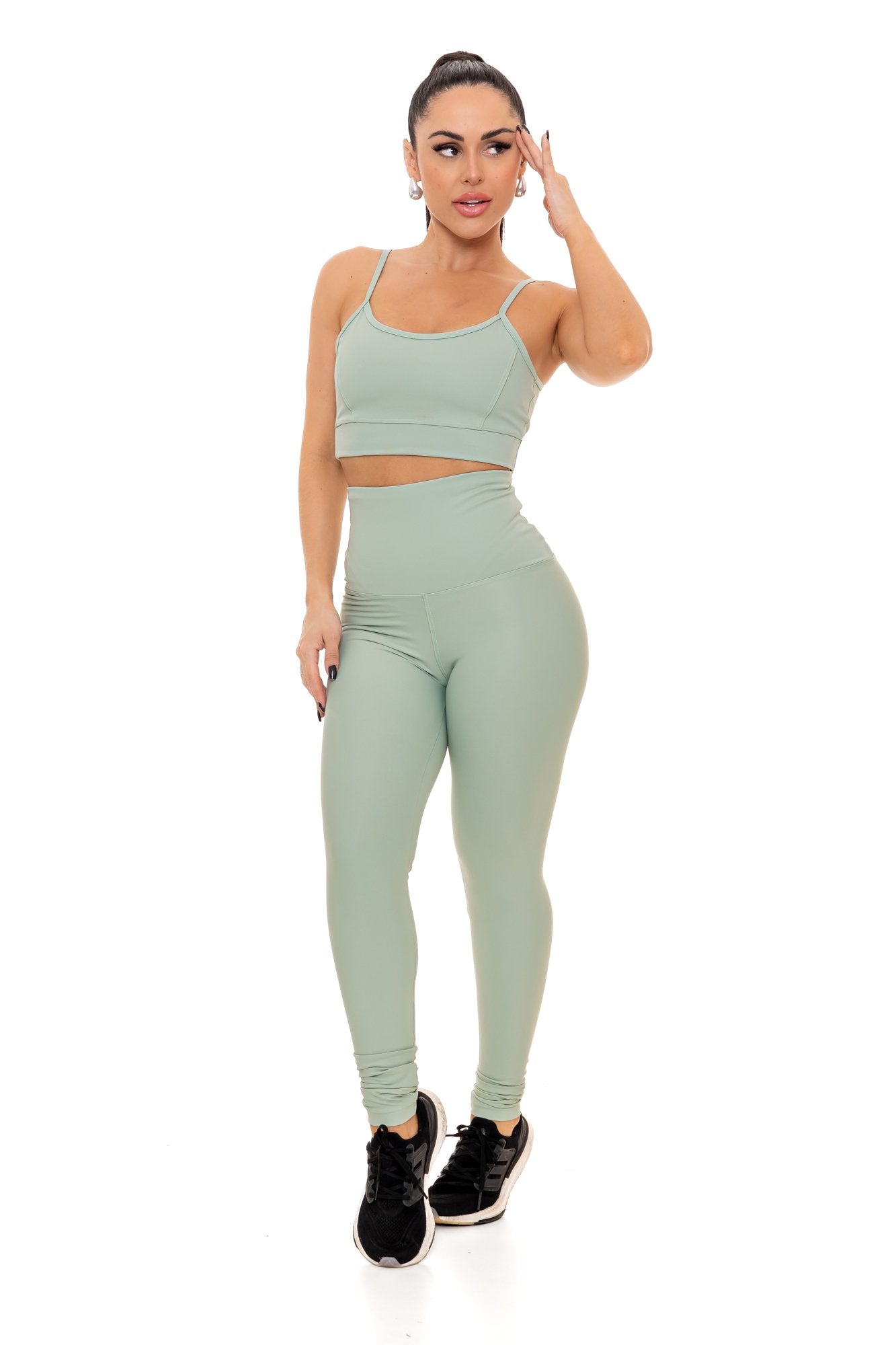 Conjunto Calça Legging Cintura Alta em Poliamida Verde Claro